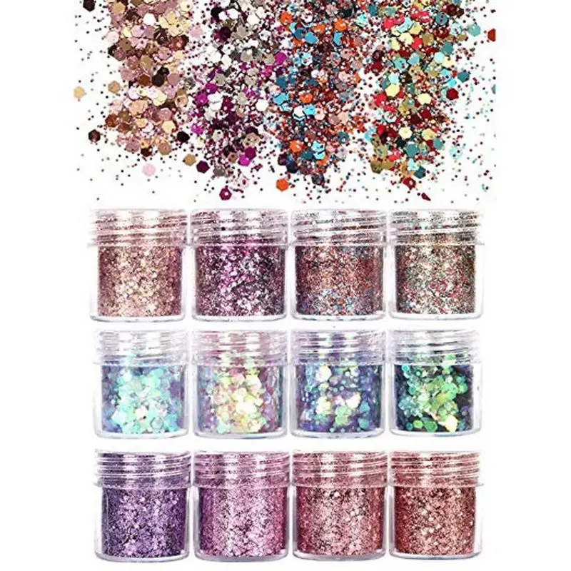 

12 Box Cosmetic Festival Chunky Sequins Epoxy Resin Pigment Body Face Hair Nair Art Glitters Paillette Iridescent Flakes