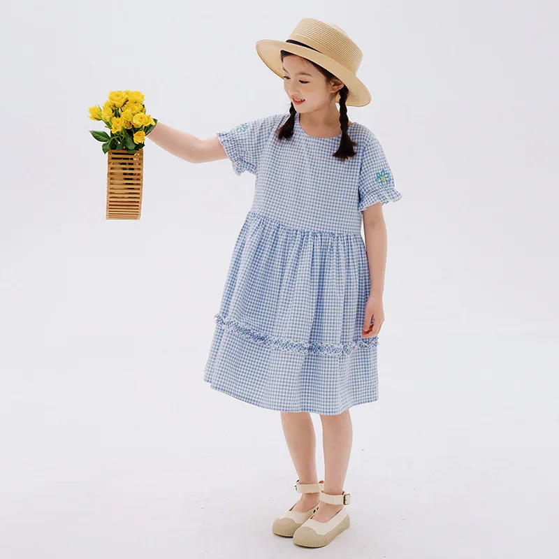 

School Teen Girls Dresses Summer 2022 New Blue Plaid Party Princess Dress Kids Clothes Fashion For Age 5- 15 Years