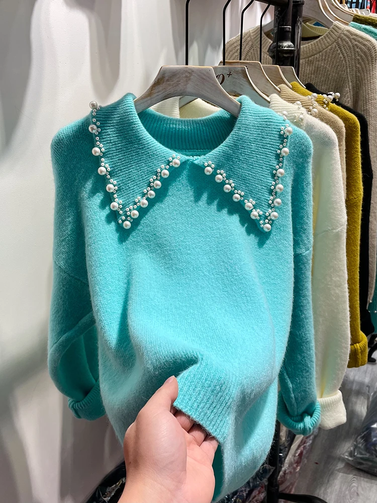 

Autumn Winter Pearl Beading Sweater Women Long Sleeve Peter Pan Collar Pullover Knitted Tops Solid Loose Knitwear Female