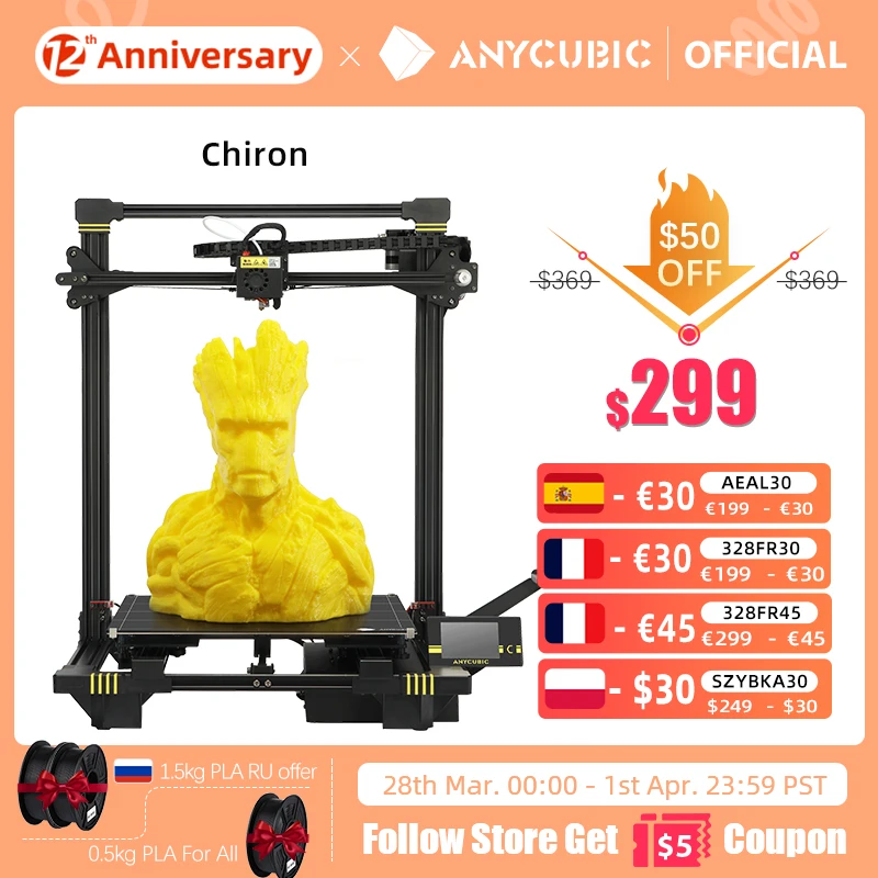 

ANYCUBIC Chiron FDM 3D Printer 400*400*450mm DIY Auto-leveling impresora 3D Printers Dual Z axis Impressora 3D Printing Kit