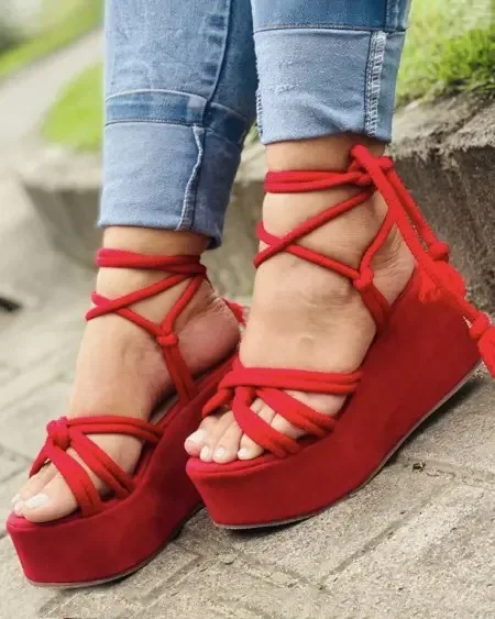

Knotted Crisscross Slingback Wedge Sandals Women Open Toe Platform Lace Up Ankle Strappy Casual Leisure Fringe Rome Summer Shoes