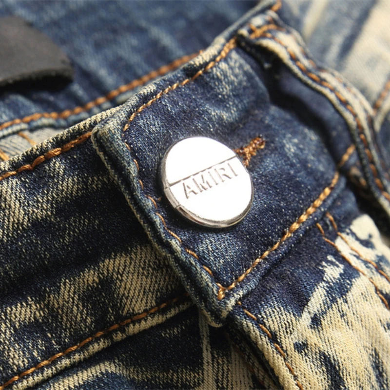 European Jean Letter Star Jean Men Embroidery Patchwork Ripped Jeans For Men Trend Brand Motorcycle Pant Mens Jean Skinny