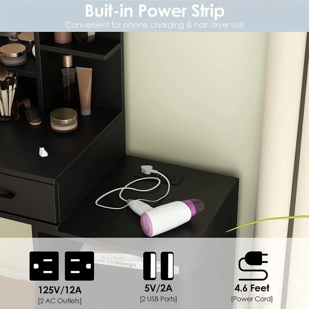 Туалетный столик для макияжа с зеркалом подсветкой и зарядной станцией черный