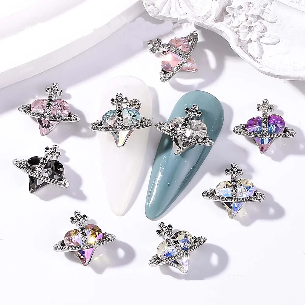 

10pcs Crooked Heart Cross Nail Art Charm 3D K9 Glass Crystal Heart Diamond Planet Nail Decoration DIY Luxury Nail Accessories