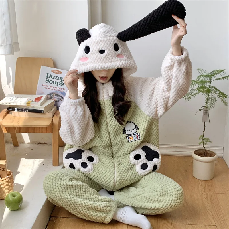 

Sanrios Pochacco Kuromi kawaii Anime Cartoon Girls Flannel Zip Pajamas Set Winter Warm Hooded Jacket Long Sleeve Home Clothes