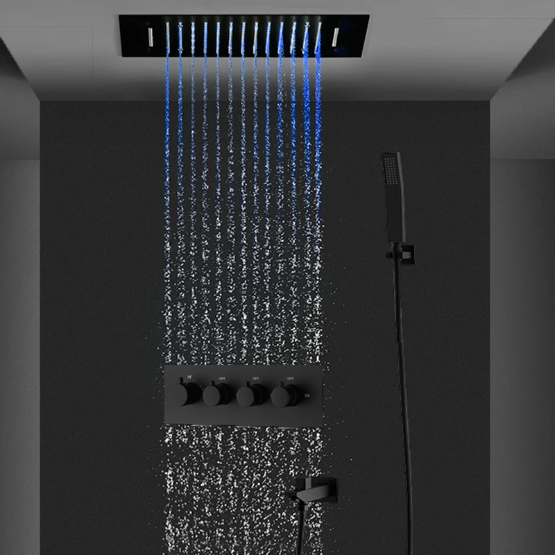

Concealed Ceiling Rainfall Massage Waterfall Thermostatic Bathroom Shower Set Water Power LED 360X500MM MATT BLACk