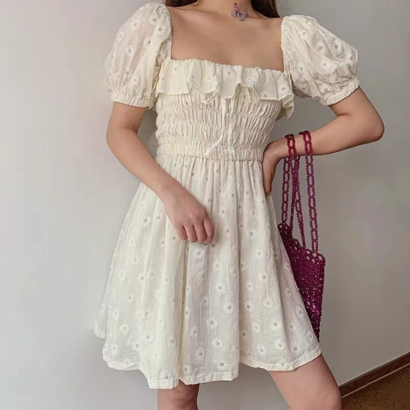 

Sexy Ruffles Women Puffed Sleeves Dress Square Neck Bow Slim Waist Floral Dresses New 2022 Summer Girls Princess Pleated Dresses