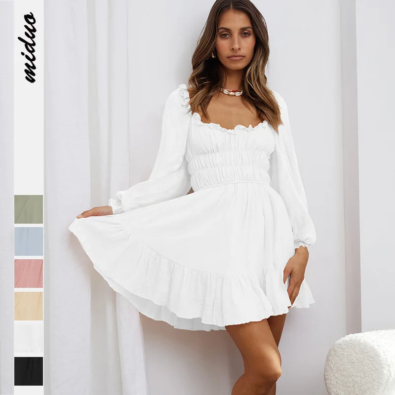 

Hot sale new fashion chiffon pleated long sleeve dress balloon sleeve square collar premium sense skirt