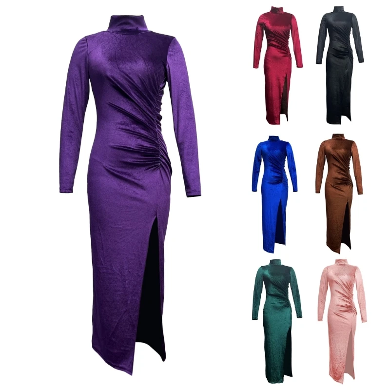 Womens Ruched Bodycon  Dress Long Sleeve Wrap Turtleneck Party Midi Dress Sexy Bodycon Cocktail Dresses