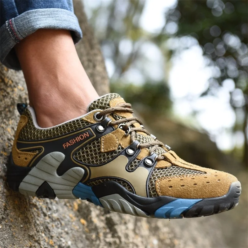 JIEMIAO Summer Men's Hiking Shoes Mesh Breathable Men's Sneakers Outdoor Non-slip Trail Mountain Climbing Trekking Shoes