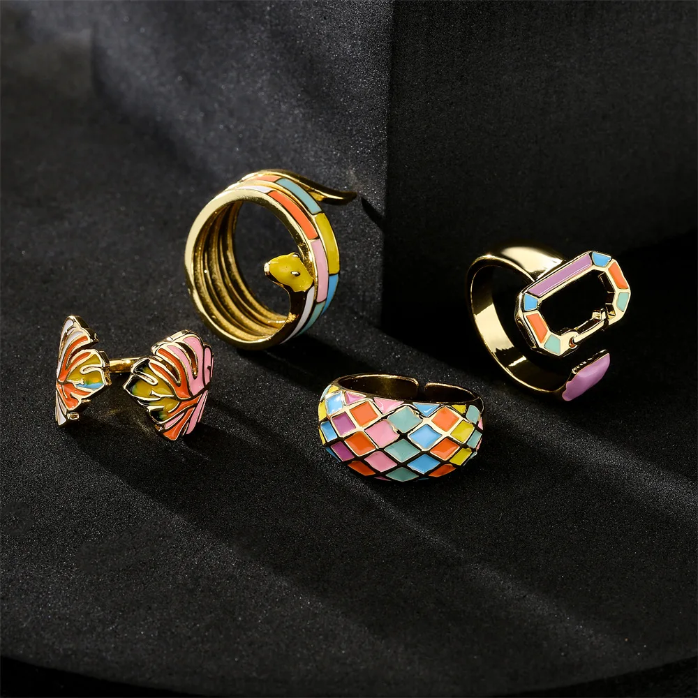 

2022 New Copper Ring European And American Fashion Color Dripping Oil Ring Copper Plated Real Open Ring Woman Ring Party