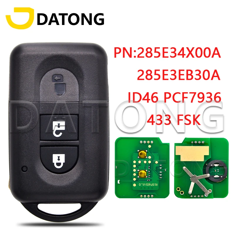 

Автомобильный ключ с дистанционным управлением Datong World для заказа Juke Navara Micra Xtrail Qashqai Duke 433FSK ID46Chip PN:85E34X00A/285E3EB30A Ключ