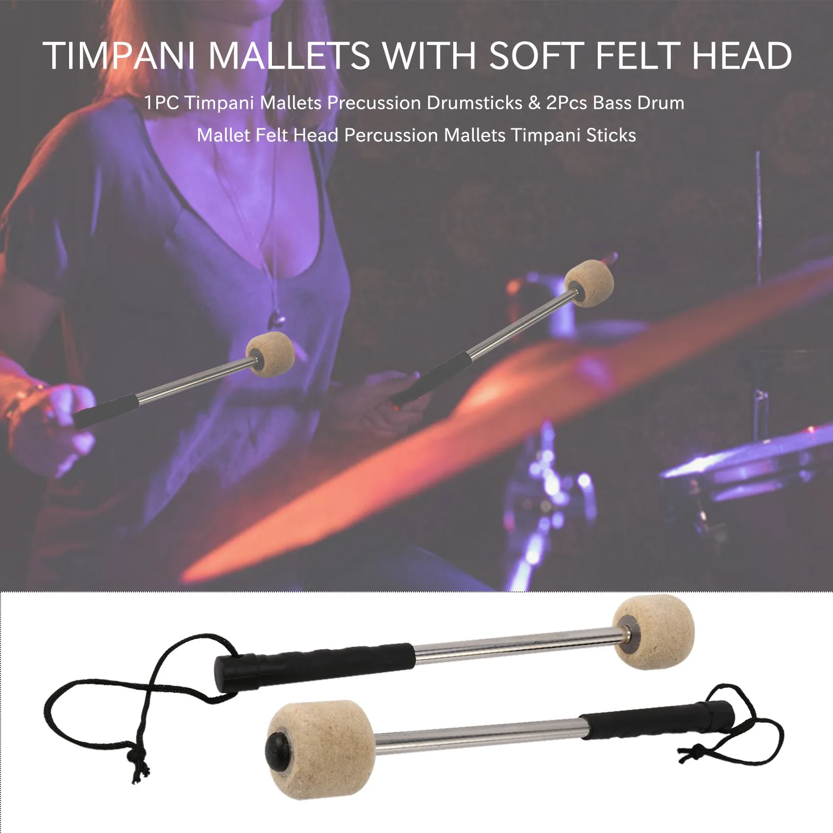 2Pcs Bass Drum Mallet Felt Percussion Mallets Timpani Sticks with Stainless Steel Handle White