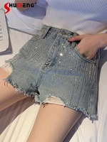 rhinestone high waist a line short denim jeans light diamond base shorts womens summer burrs slimming worn wide leg hot pants