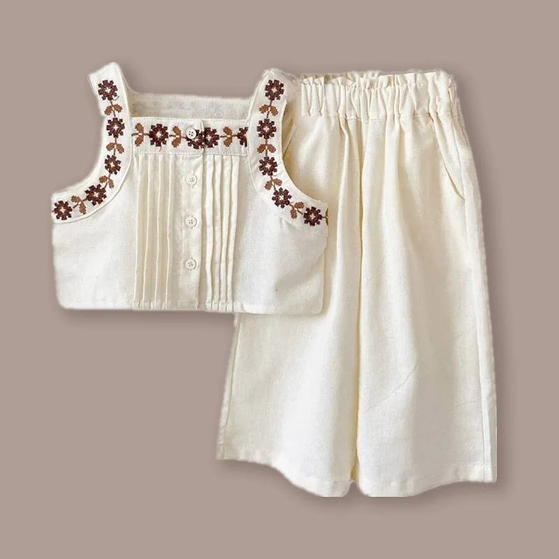 

Girl Clothes Sets Summer Solid Color Linen Cotton Spaghetti Strap Emboried Tops Wide Leg Pants 2Pcs Outfits Sets With Pants 2-7Y