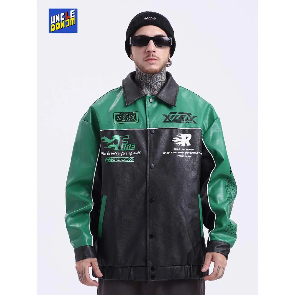 Green colour block leather jacket street wear Moto & Biker winter jacket men motorcycle jacket y2k clothes designer jacket men