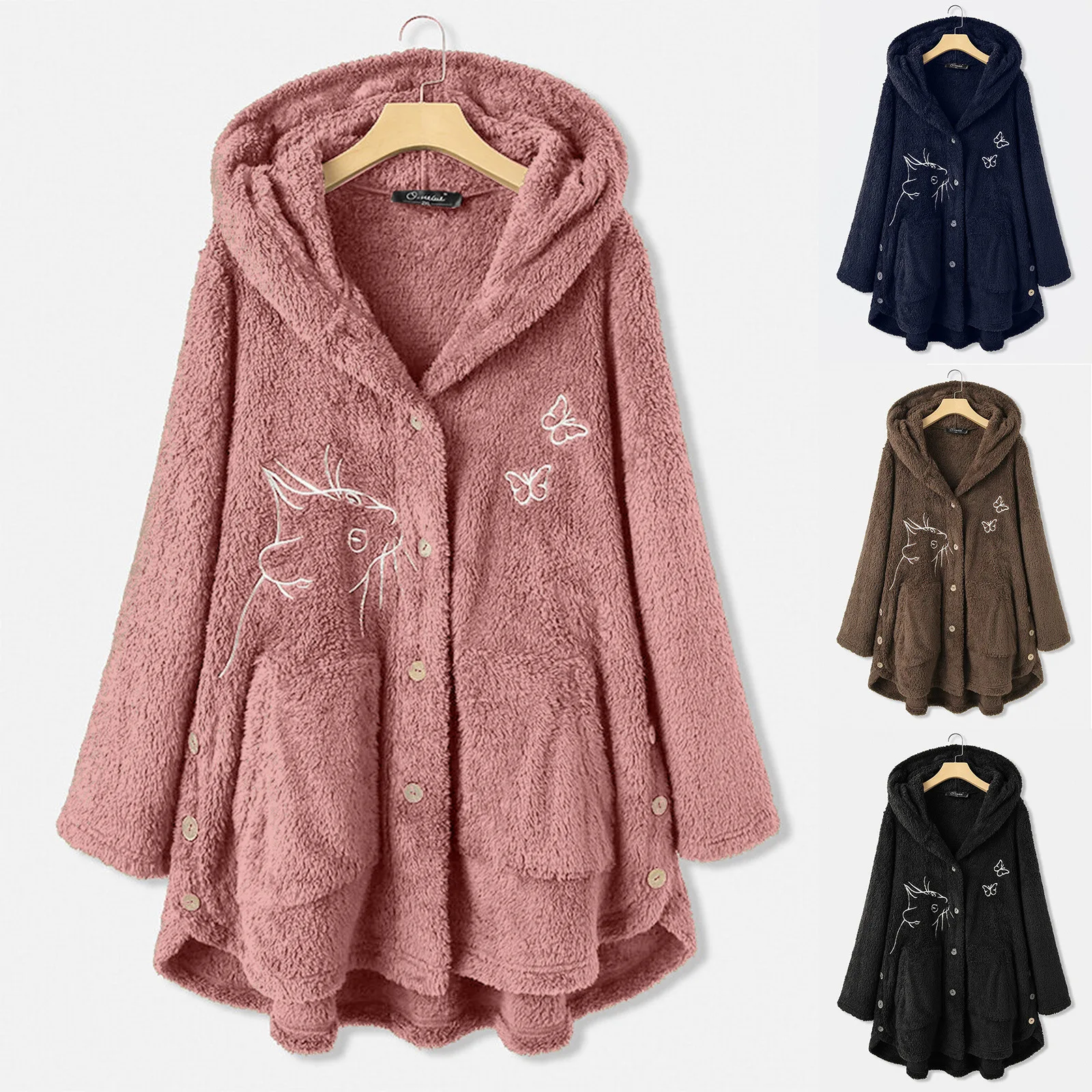 

Женский однотонный пуловер с карманами, кардиган с вышивкой кошки, куртка с капюшоном и пуговицами