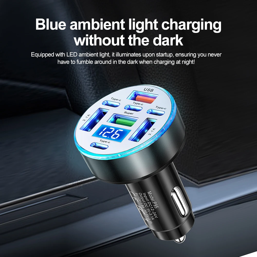 Фото Автомобильное зарядное устройство на 8 портов с быстрой зарядкой PD 3.1A USB-C, адаптер для зарядки мобильных телефонов с регулировкой напряжения, совместимый с iPhone, Samsung, Huawei, Xiaomi №5