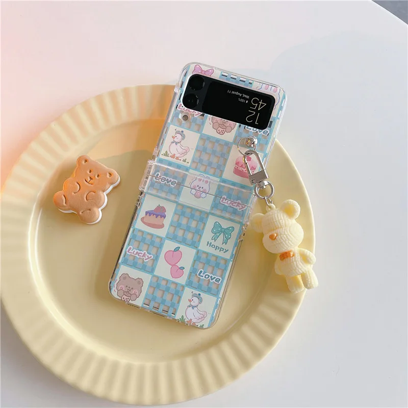 

Cartoon Blue Checkered Sticker Phone Case for Samsung Galaxy ZFlip 4 3 Hard Cover for ZFlip3 Zflip4 Solid Shell Bracket