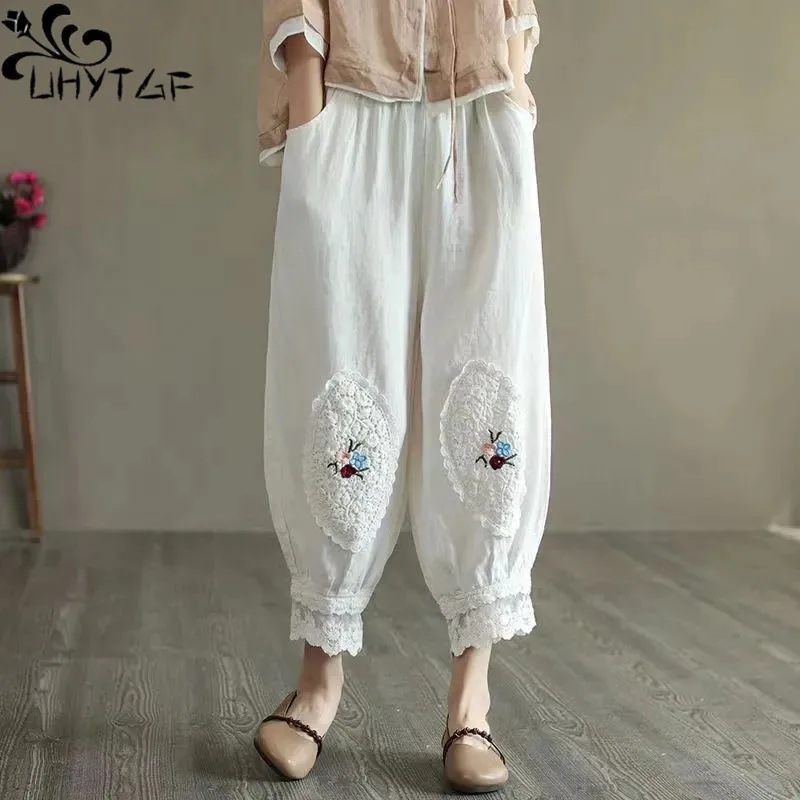 

M-4XL Large Size Cotton Linen Nine Points Bloomers Women 2023 Summer Literary Vintage Loose Embroidery Lace Women's Harlan 278