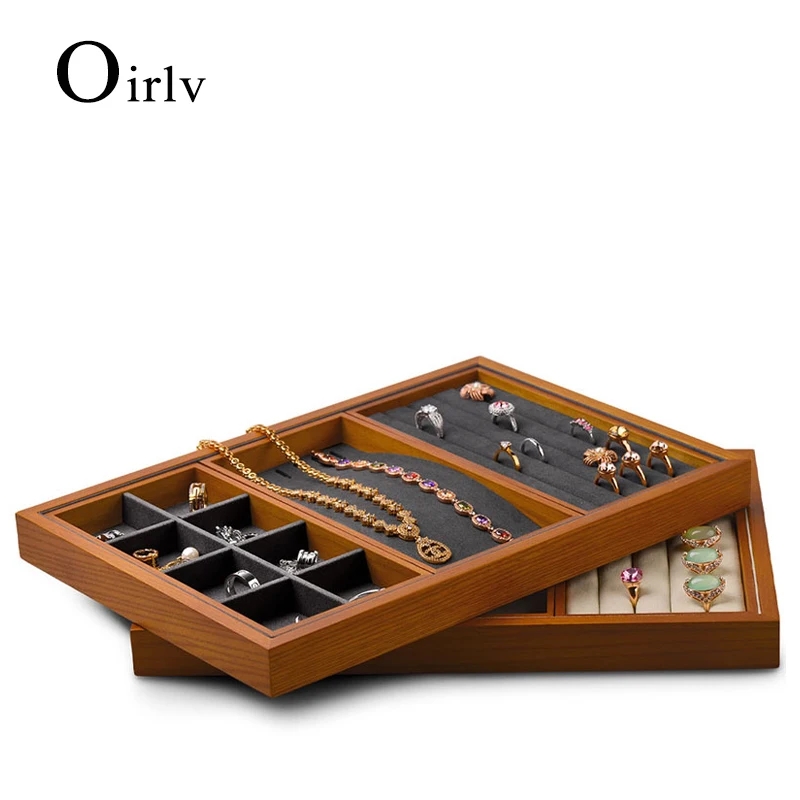 Oirlv Beige&Dark Grey Solid Wood Multi-function Jewelry Display Trays with Microfiber Jewelry Storage Pallet Drawer Accessories