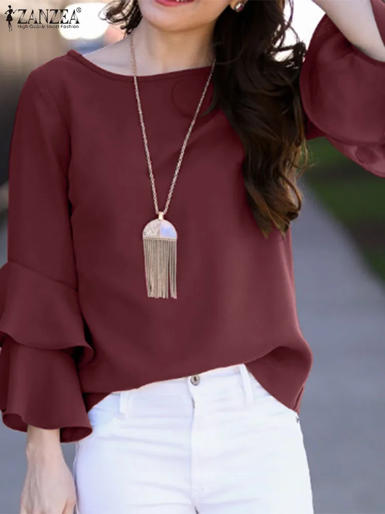 

ZANZEA Summer Flare Sleeve Ruffles Blouse Fashion Holiday Tops Women Elegant Casual Chemise O-Neck Solid Color Shirts Oversized