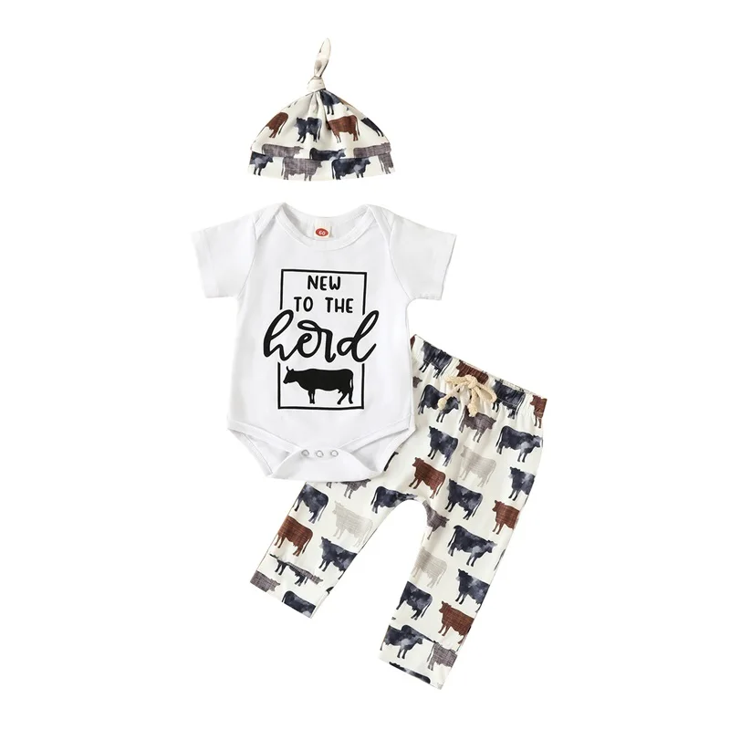 

Baby 3Pcs Summer Outfits Short Sleeve Cow Letter Print Romper Pants Knot Hat Set