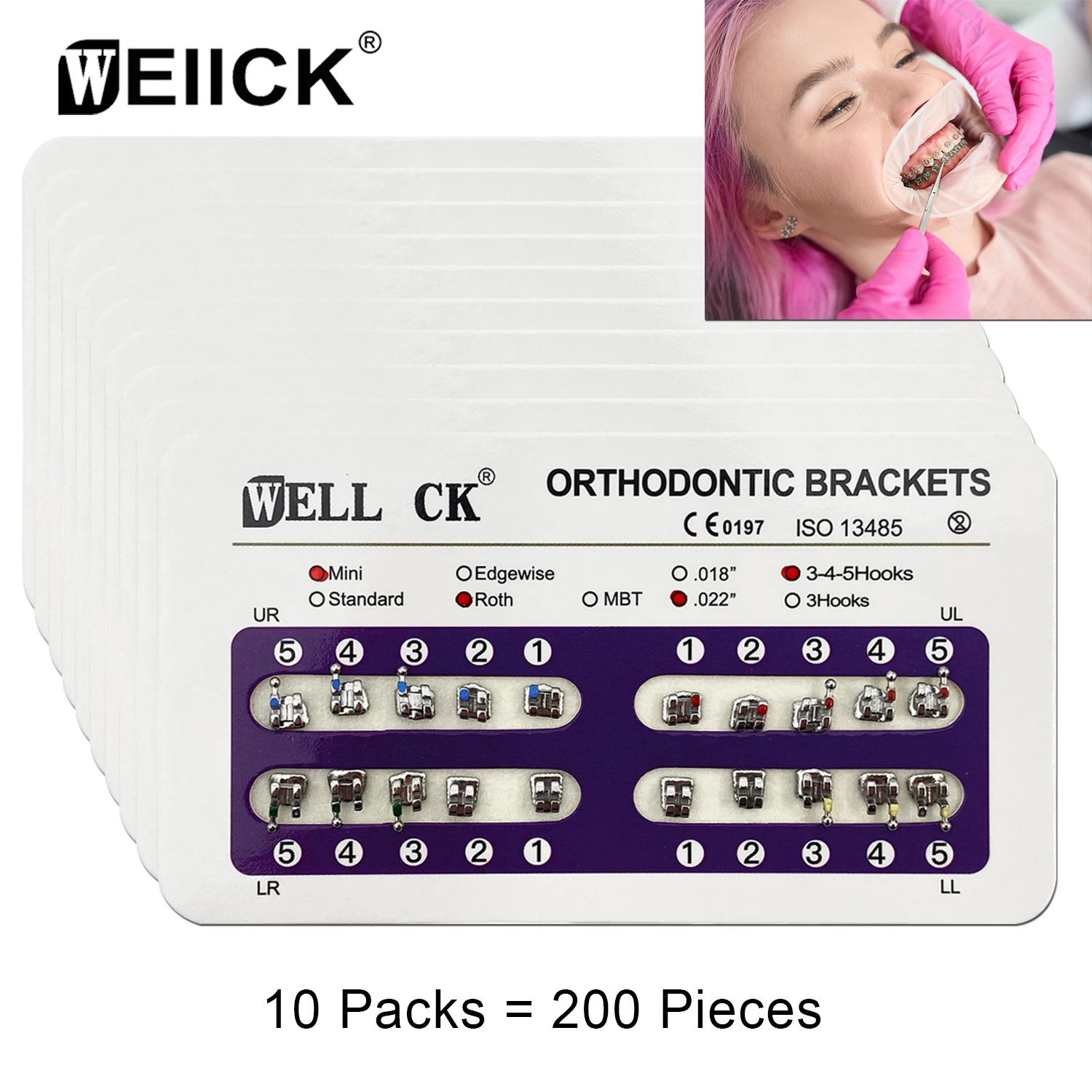 

10 Packs WellCK Dental Brackets Orthodontic Brace Metal Mini Roth MBT Slot 0.022 0.018 Hooks 3-4-5 20pcs per Pack