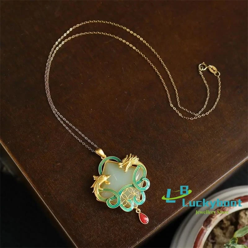 

Prosperity Brought by the Dragon and the Phoenix Hetian Jade Necklace Women's Sterling Silver Chinese Style Ethnic Style Vintage