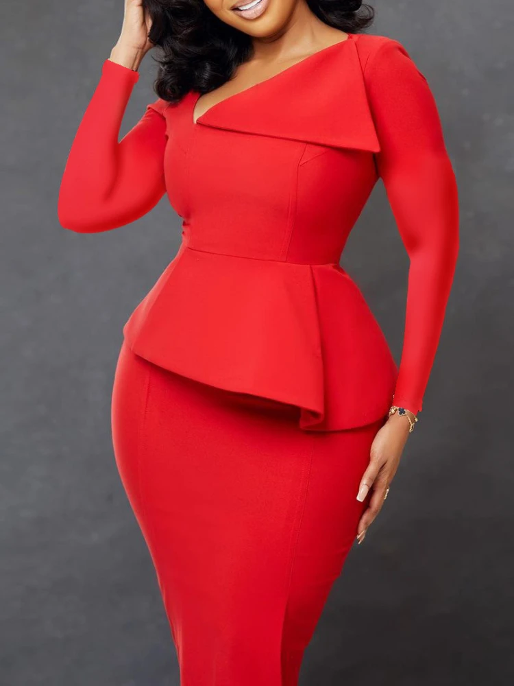 Plus size women dress new fashion inclined collar temperament elegant long sleeve dress for women