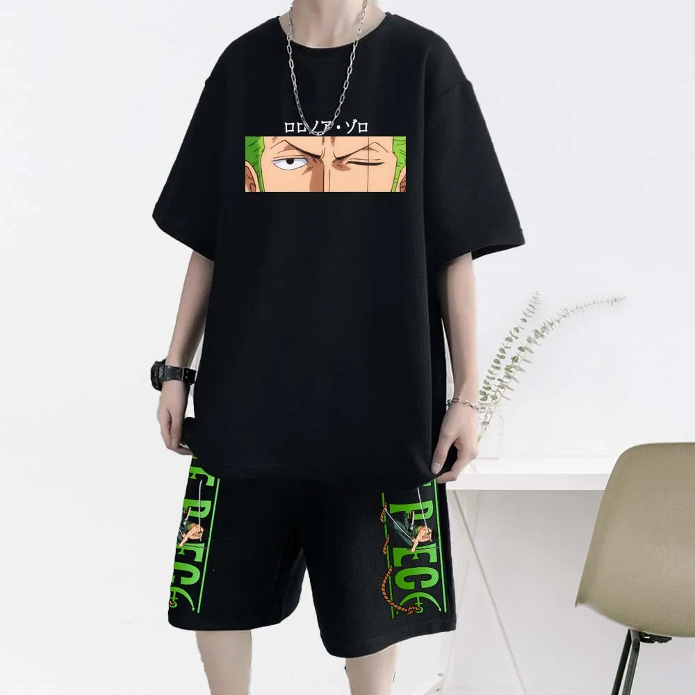 

One Piece T-Shirts Set Anime Men Sweatpants Oversized T-Shirt Casual Pants Sets Summer Short Sleeve Men's Tracksui Clothing