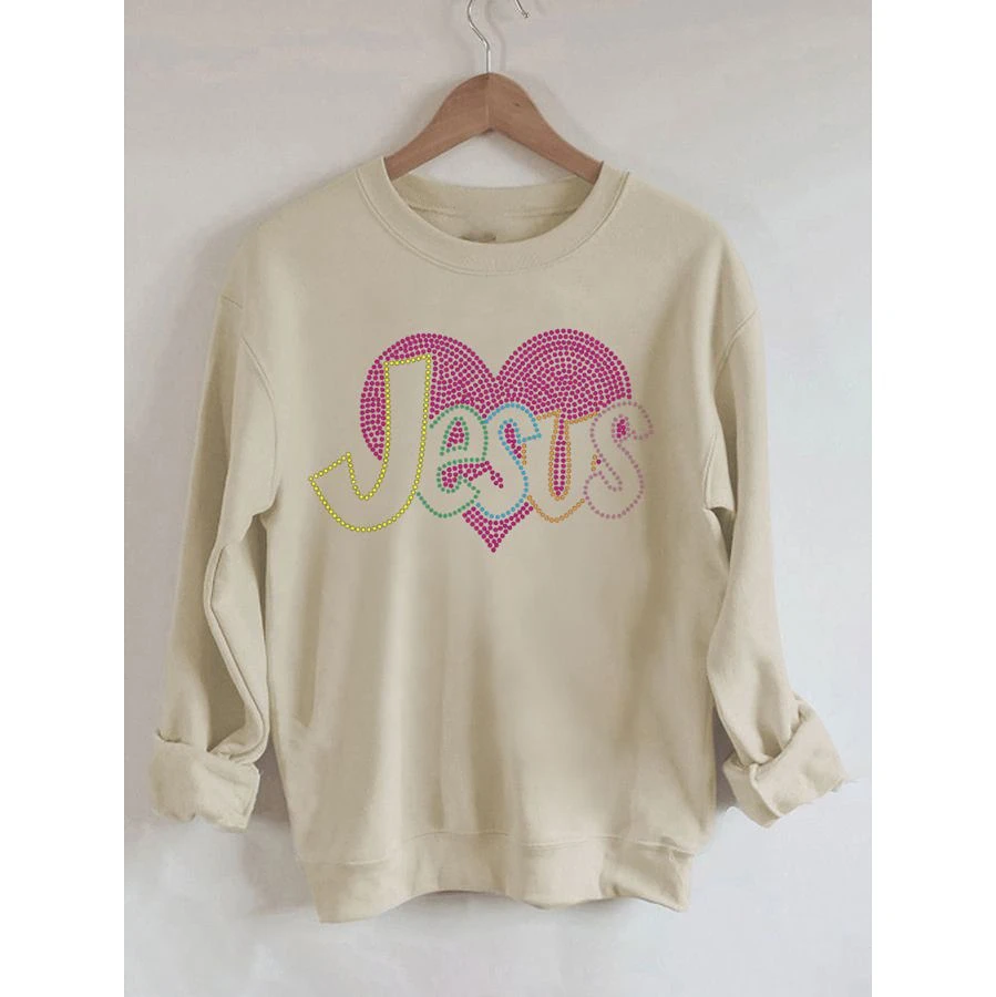 

Rheaclot JESUS Print Women's Retro Vintage Cotton Long Sleeves Sweatshirt