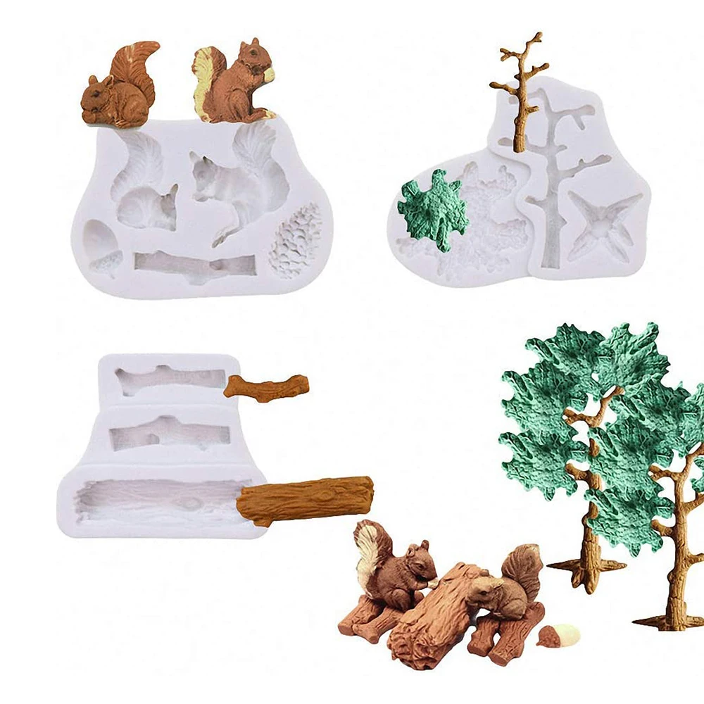

3Pcs/Set Forest Animal Silicone Molds Squirrel Chocolate Candy Mould Lumberjack Woodland Stump Pine Cones Wooden Tree Clay Mold