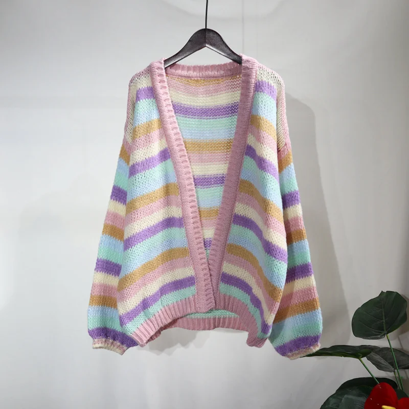 

Real Shot Women Rainbow Stripes Knit Cardigan Tops Autumn Winter Big V-Neck Long Sleeves NO-Buckle Soft Loose Sweaters Jackets