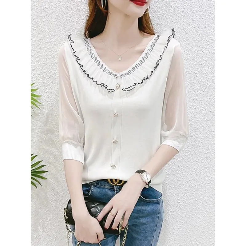 Spring and Summer New V-neck Top 2023 Women's Half Sleeve Ice Silk Sweater White 3/4 Sleeve Bottoming Shirt Thin