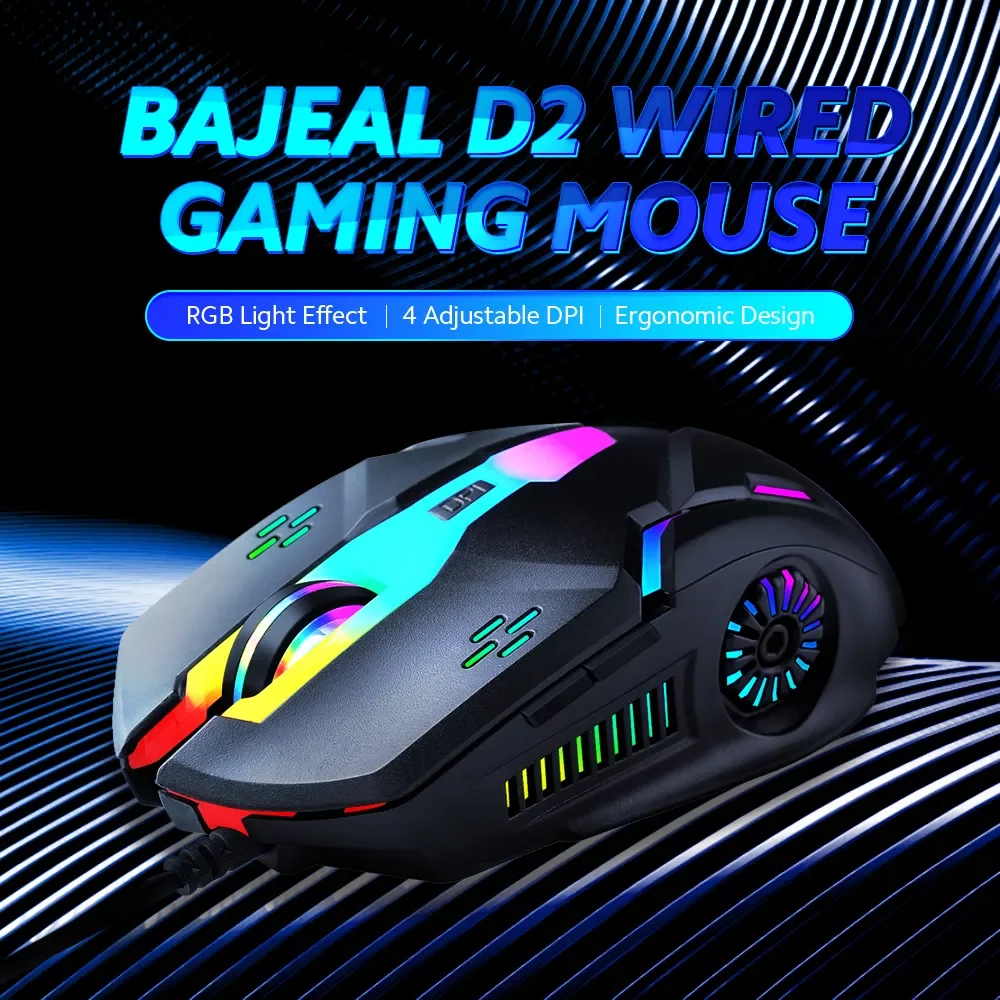 

BAJEAL D2 Wired Gaming Mouse Colorful RGB Gaming Mouse 6 Keys Ergonomic Mice 4-gear Adjustable DPI 3200DPI Computer Mice for PC