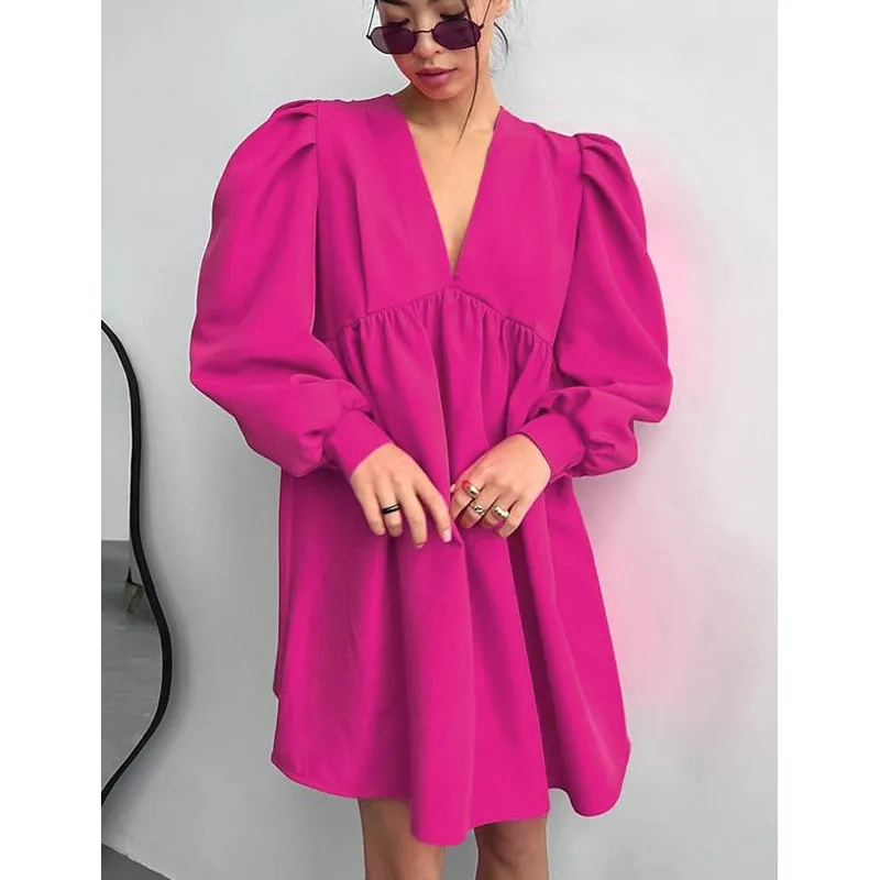 

French Dress V Neck Puff Sleeves Loose A-Line Skirt Fashion Casual Temperament Commuting Elegant Luxury Women's Clothing Vestido