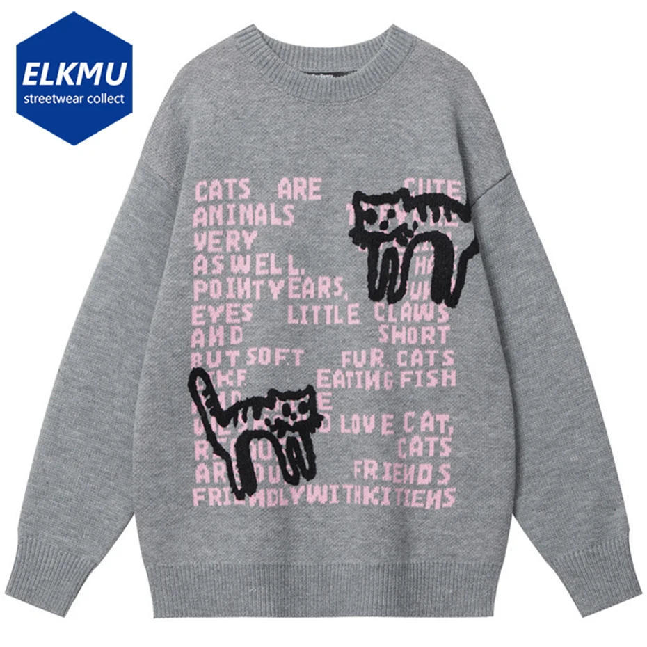 

2023 Men Harajuku Sweater Letter Cat Graphic Oversized Hip Hop Streetwear Sweaters Knitted Pullover Jumper Loose Y2K Sweater