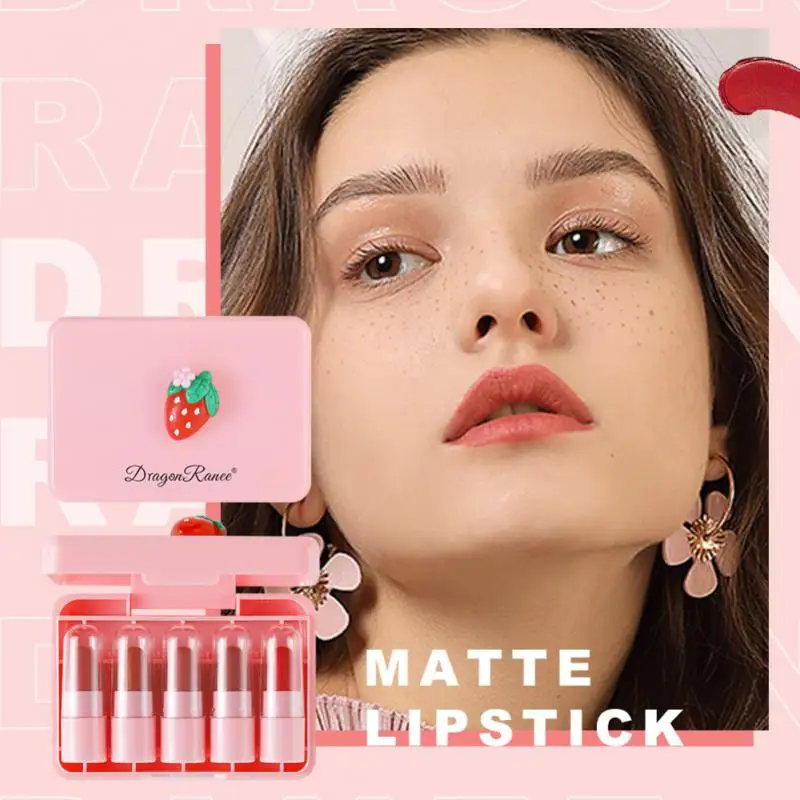 

5pcs Set Strawberry Mini Lipstick Moisturizing Lip Stick Gift Box Portable Sample Non-stick Waterproof Long Lasting Cosmetics