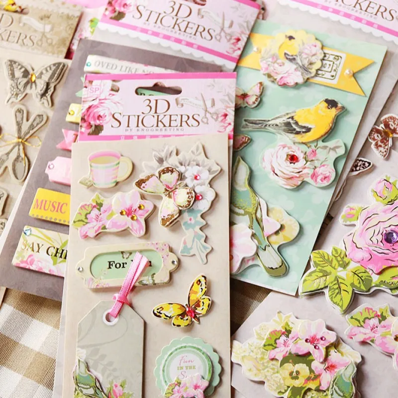 Vintage Label 3D Stickers Scrapbooking Material Flower Butterfly Bird Pattern DIY Junk Journal Card Tag Making Embellishment