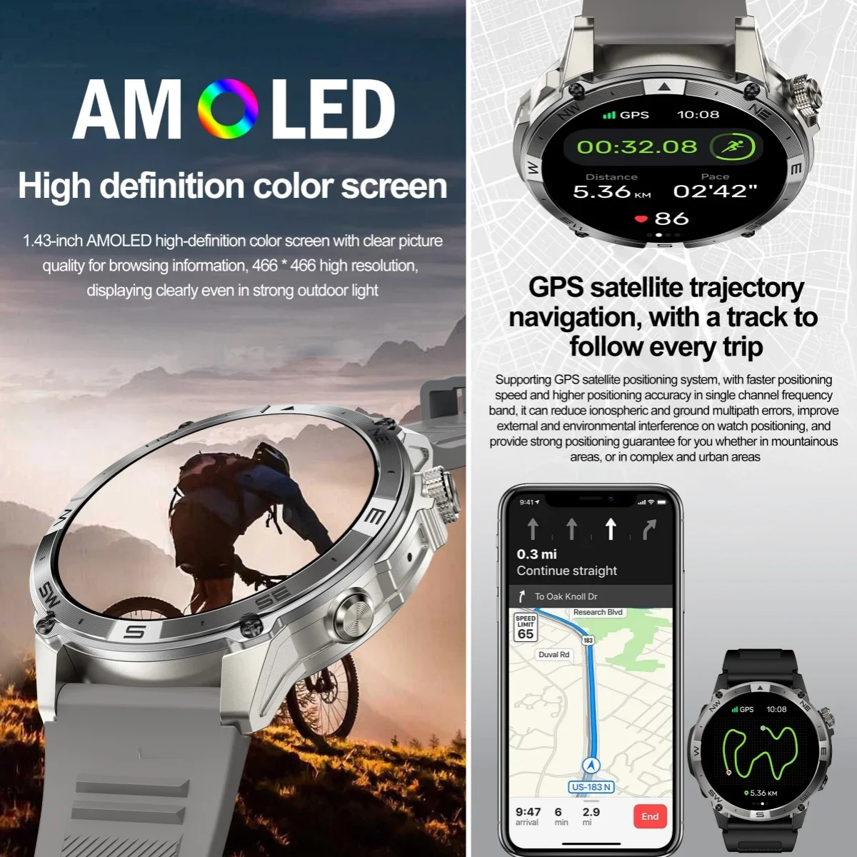Фото 2025 НОВЫЕ GPS Смарт-часы VWAR ACE 50 м Водонепроницаемые Смарт-часы с AMOLED-экраном Gorilla Glass Мужские компасы Высотомер Барометрический GPS №3