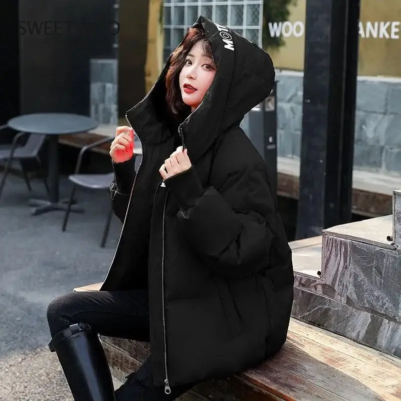 Korean Style 2022 Winter Jacket Parkas Women Stand Collar Solid Black White Female Hood Coat Loose Oversized Womens Short Parka