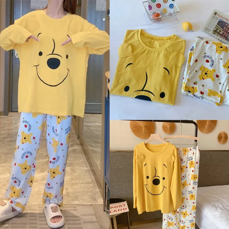 

Новинка 2022, пижама Disney, Женская Удобная весенне-осенняя пижама с длинным рукавом, Тонкая Клетчатая Домашняя одежда с мультяшным принтом Винни-Пуха