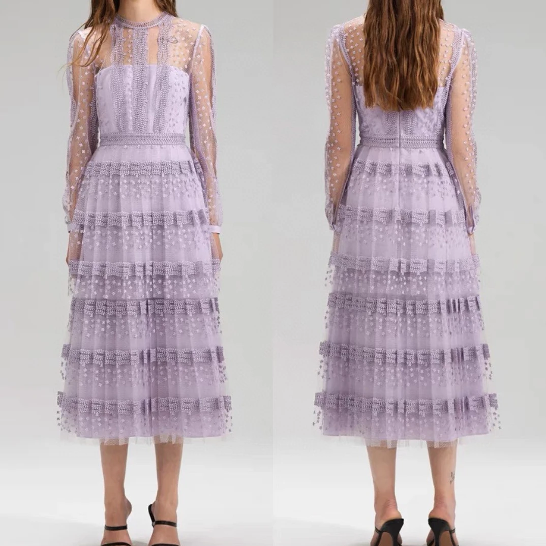 

2022 New Summer High Quality Elegant Fashion Violet See Through Long Sleeve Floral Embroidery Midi Tulle Lady Dress