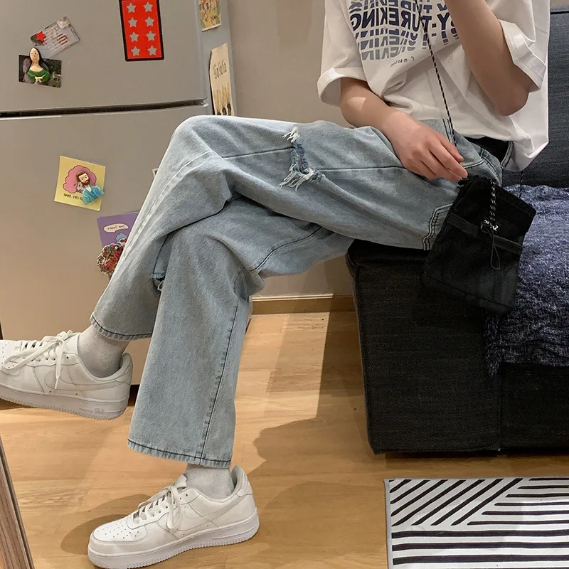 Straight Jeans Men's Simple Design Retro Ripped Men's Pants Korean Version of The Trend Loose Straight Casual Pants Streetwear
