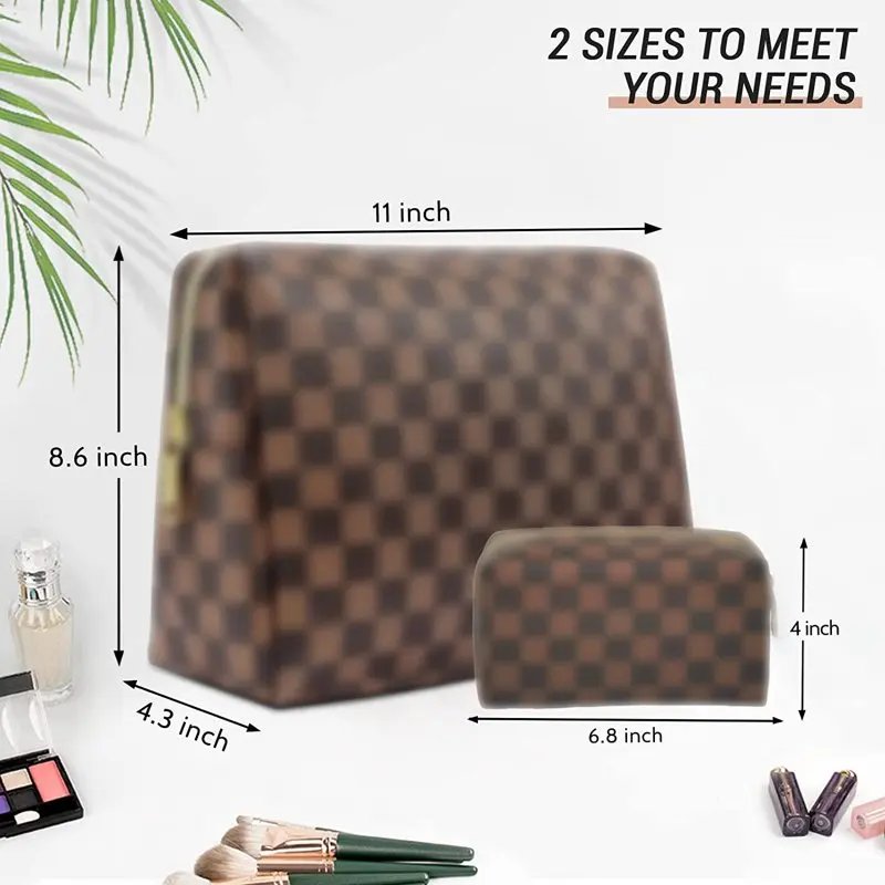 Checkered Makeup Bag,  2Pcs Travel Cosmetic Bags, Portable Toiletry Organizer for Women, Lightweight and Waterproof Leather Toil