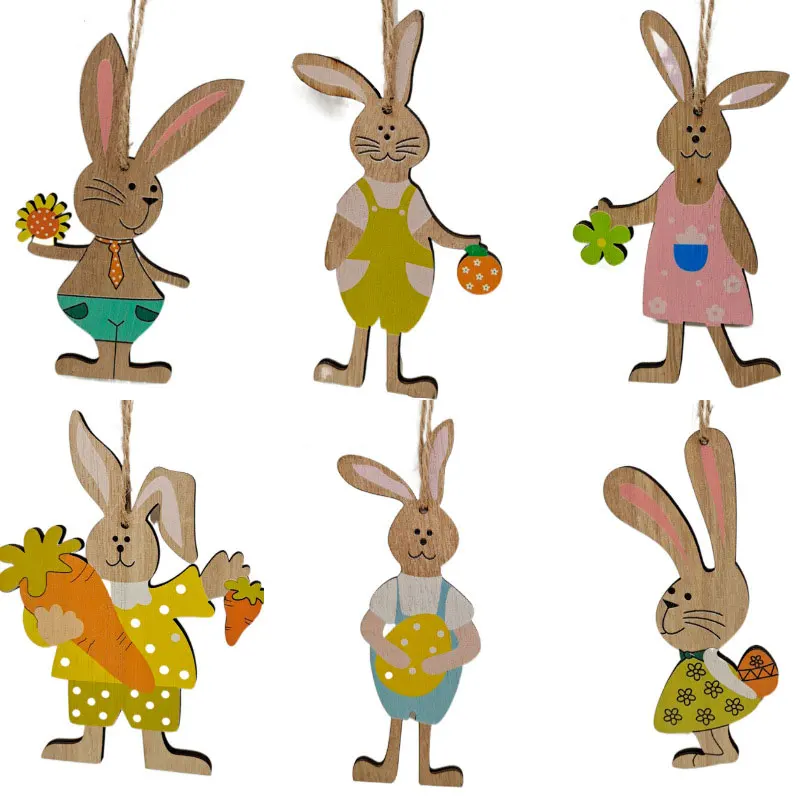

Happy Easter Rabbit Eggs Wooden Craft Easter Decorations Home Party DIY Wood Chips Hanging Ornaments Natural Handcraft Navidad