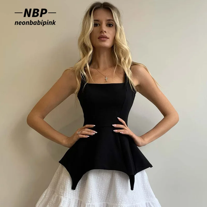 

NEONBABIPINK французская мода, Черная майка, Женская Клубная одежда для вечеринки, элегантные сексуальные топы с квадратным вырезом и асимметрич...