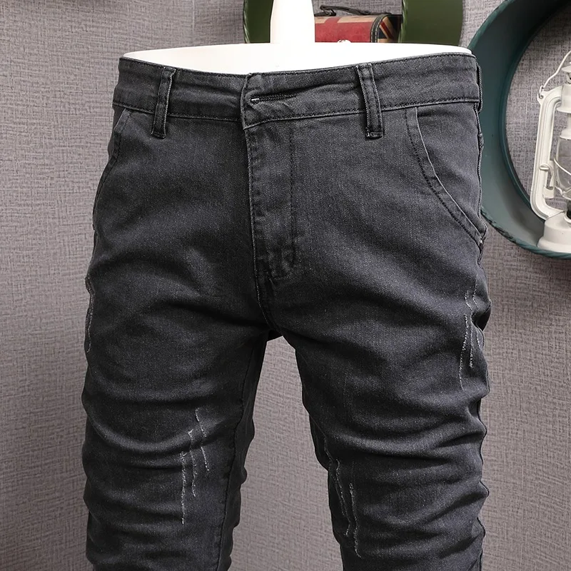 Summer Men Jeans Fashion Casual Dark Gray Pencil Pants Korean Style Streetwear Scratched Denim Trousers