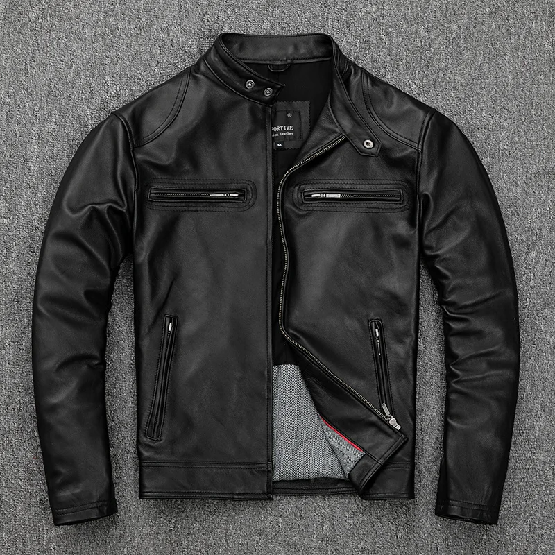 

Cowhide Leather Jacket Men'S Motorcycle Short Coats Standing Collar Fitted Clothes Veste Homme Chaqueta Mont Erkek Autumn Winter